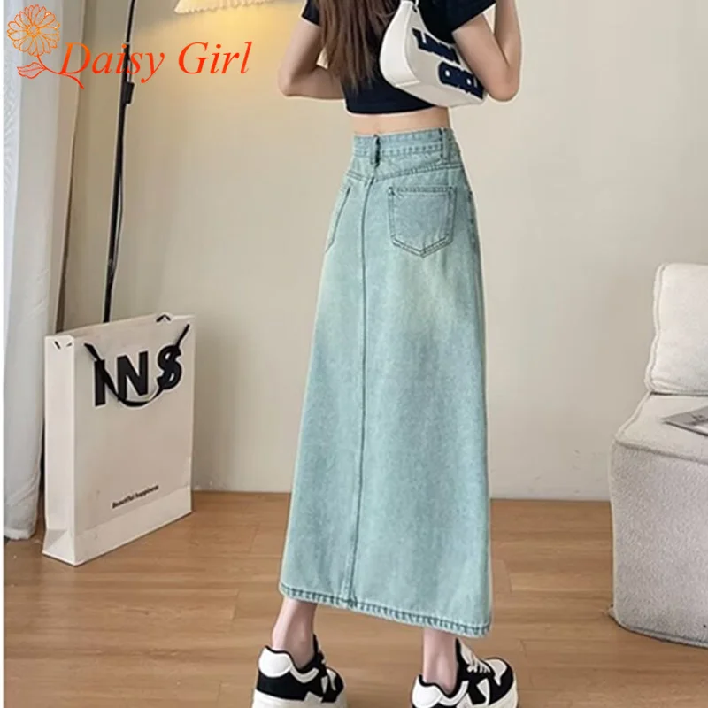 Novo verão retro cintura alta denim saia menina cor sólida fenda saias de comprimento médio design sentido pequena a linha hip-pack saia