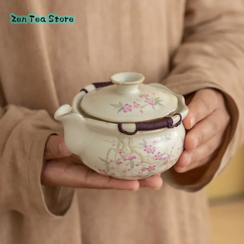 Ru Kiln Beige Hand Grab Pot Large Cover Bowl Teacup Tea Tray Anti-ironing Tea Bowl Open Peach Blossom Kung Fu Tea Set