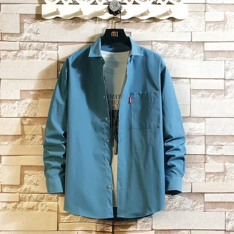 Luźna koszula z długim rękawem w jednolitym kolorze, styl Hong Kong, modna odzież wierzchnia, kurtka męska, nowość na lato.