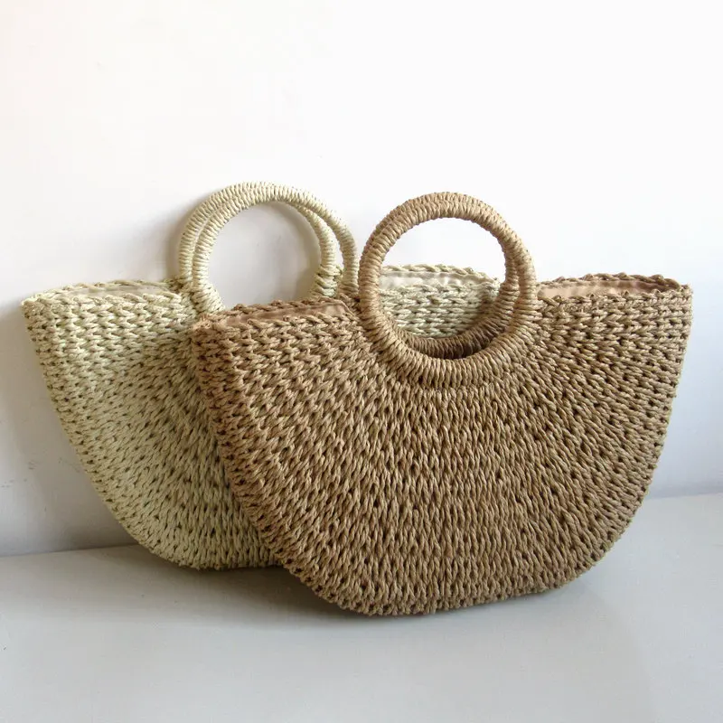 

New Straw Woven Bag Paper Rope Round Bucket Bag Simple Solid Color Woven Bag Retro Style Casual Hand Bag Holiday Beach Bag