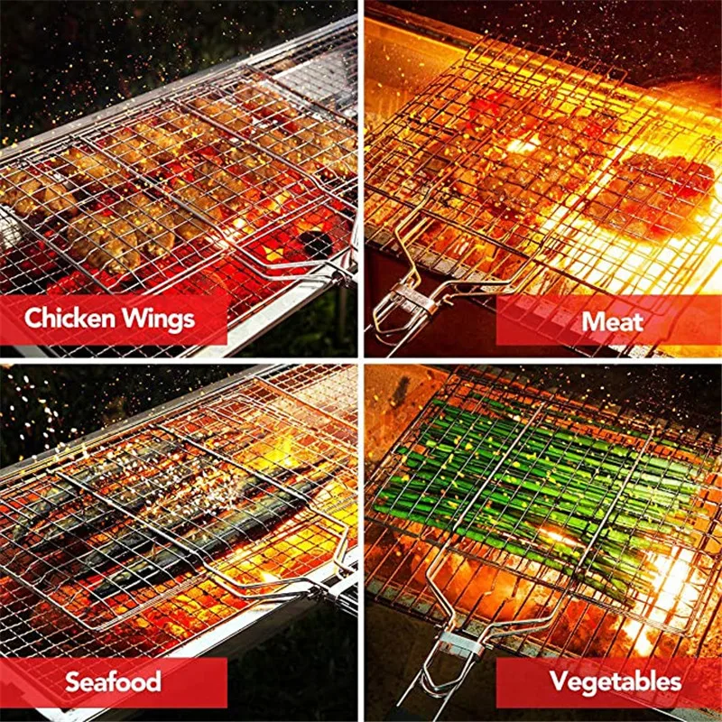 Barbecue Basket Stainless Steel Detachable Folding Square Grill For Roasting Fish Shrimp And Kabob Vegetables On The Stove