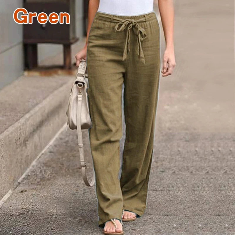 Summer Cotton Linen Women\'s Pants Wide Leg Trousers Fashion Solid Color Elastic Waist Straight Pants Casual Trousers Streetwear