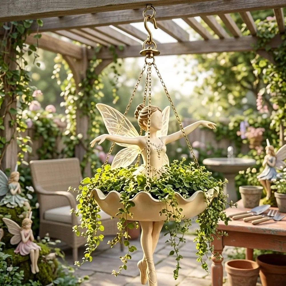 Ballerina Hanging Flower Basket Resin Plant Holder for Indoor Outdoor Use with Balanced Metal Chain for Cascading Greenery