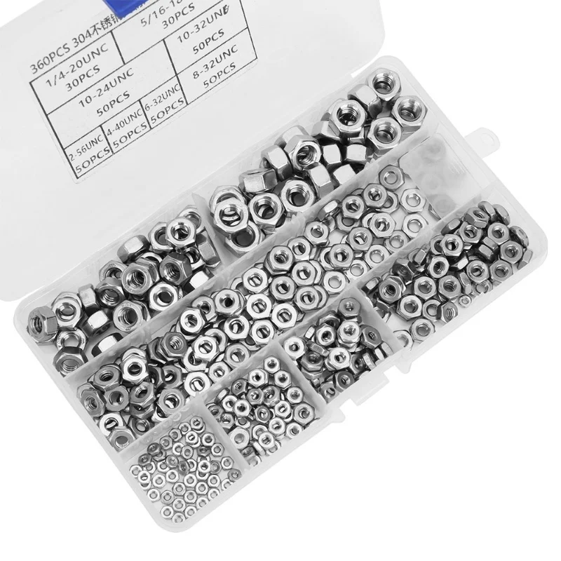 360pcs Stainless Steel Hex Nuts Coarse Thread American System UNC Nuts Fasteners