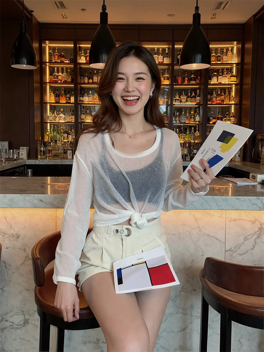 

Long Sleeve T-shirts Womens Mesh Appliqué Flare Music Bar Live House Concert Trendy Night