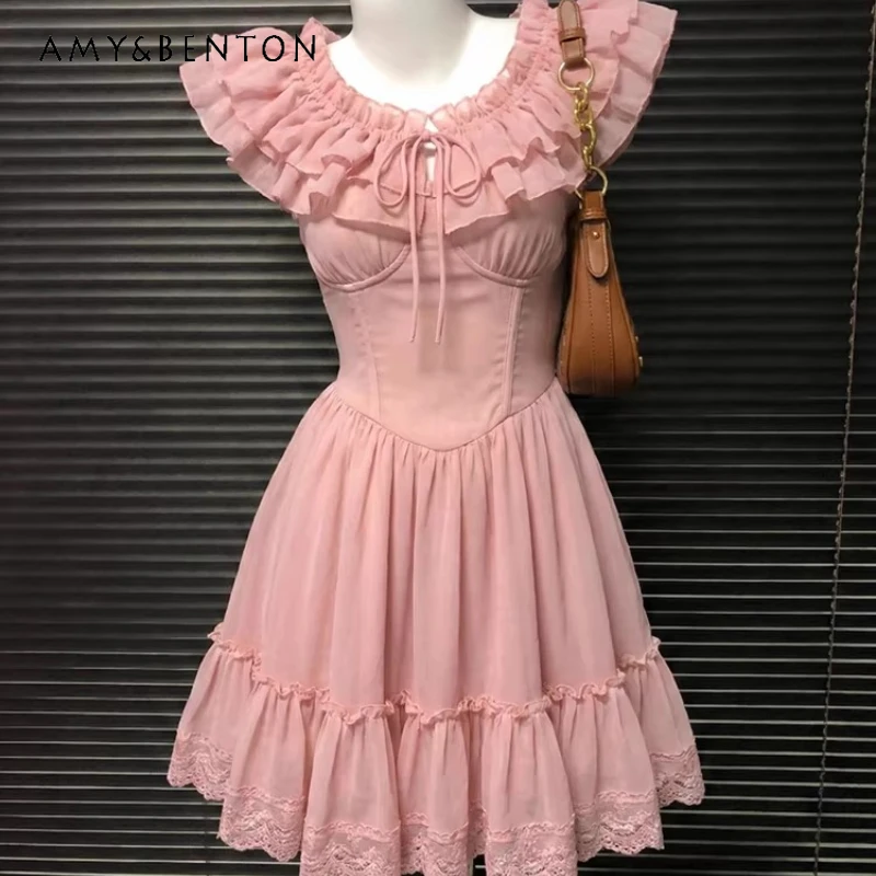

2026 Spring/Summer New Pink Sweet Lace Hollow Out Splicing Women's Dress French Retro Design Elegant Slimming Dresses Ladies