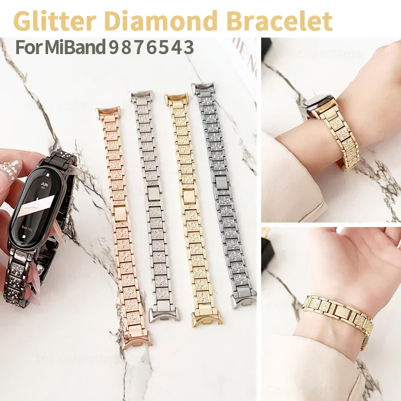 

Glitter Diamond Bracelet for Xiaomi MiBand 7 6 5 4 3 with Case Stainless Steel Strap for Miband 9 8 Replacement Belt Accessories