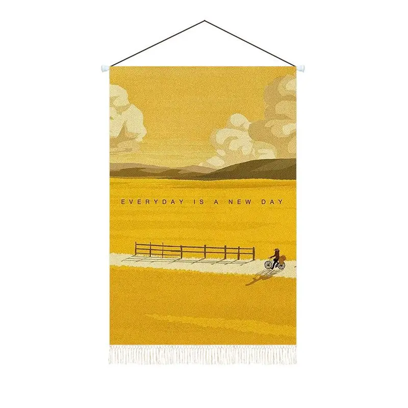 VIKAMA Golden Field Scenery Tapestry Inspirational Quote Illustration Art Wall Hanging Dorm Bedroom Home Decor