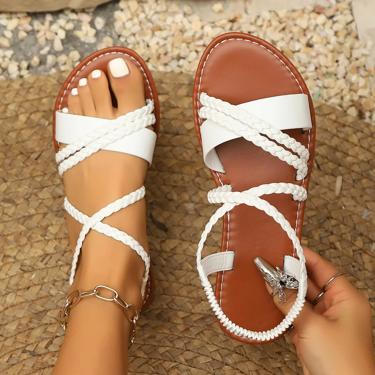 White Summer Sandals for Women 2026, Braided Cross Strap Flats, Casual Beach Slides Easy to Match Dresses & Jeans