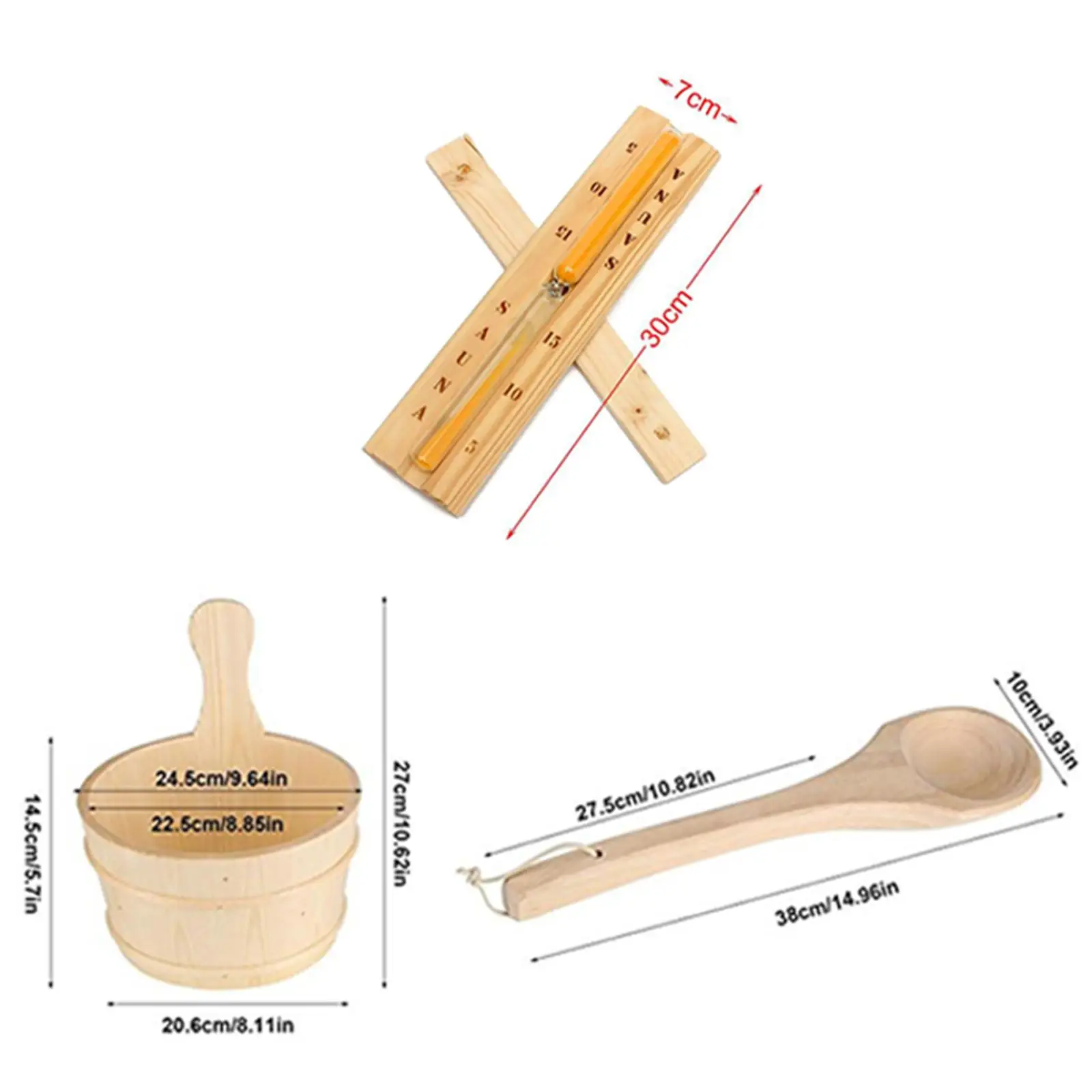 Sauna Wooden Bucket and Ladle Kit with Hourglass Lamp and Thermometer Spa Starter Set for Home Bathroom