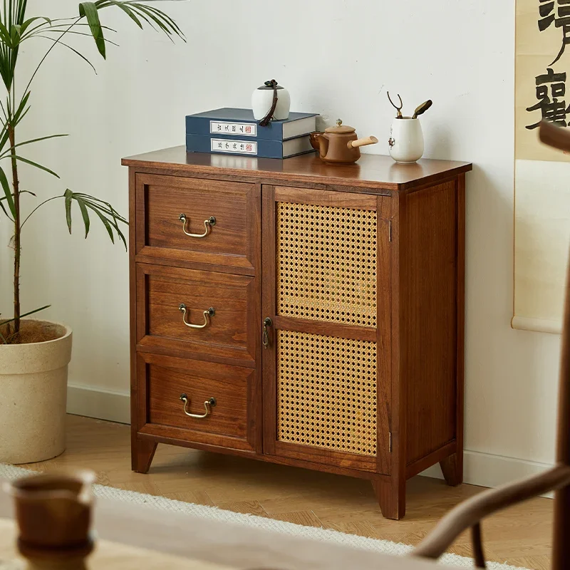 New Chinese-style dining side cabinet, solid wood bucket cabinet, rattan weaving, living room side tea