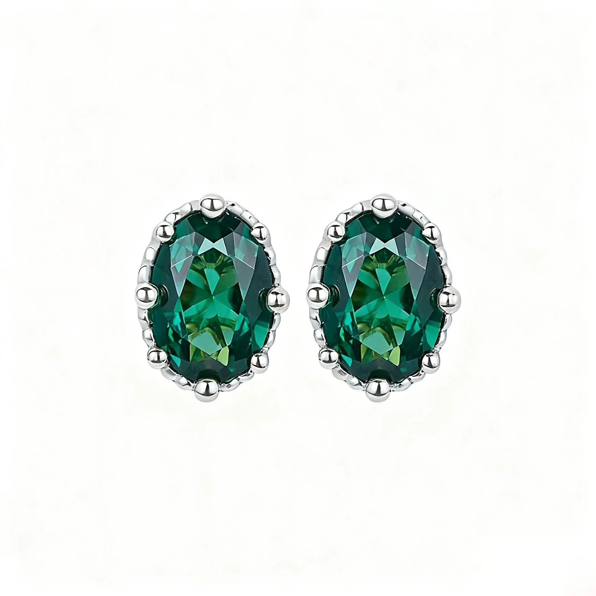 Real 925 Sterling Silver Gold Plated Emerald Oval Gem Stud Earrings for Women - Vintage Rivet Edge Luxury Fashion Jewelry