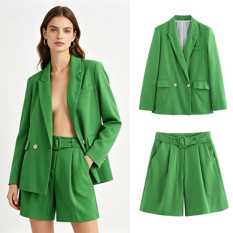 

SLTNX Women’s Fashion Solid Color Double-Breasted Suit Jacket with Pockets, Vintage Belt, Shorts – Office Lady Outfit