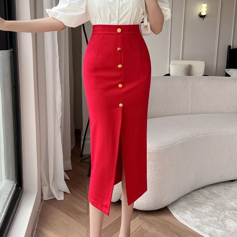 Elegant Summer Bodycon Skirts Office Women 2024 Fashion High Waist Faldas Largas Sexy Button Korean Style Mid Length Skirt y2k