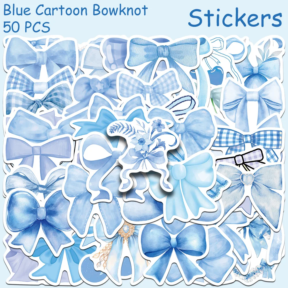 

50pcs Blue Cartoon Bowknot Stickers Decals For Laptop Scrapbook Suitcase Skateboard Guitar DIY Aesthetic Stickers Creative Gifts