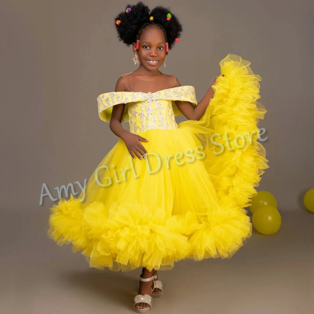 

Customized Yellow Flower Girl Dress For Wedding Appliques Off Shoulder Puffy Kids Birthday First Communion Pageant Banquet Gown