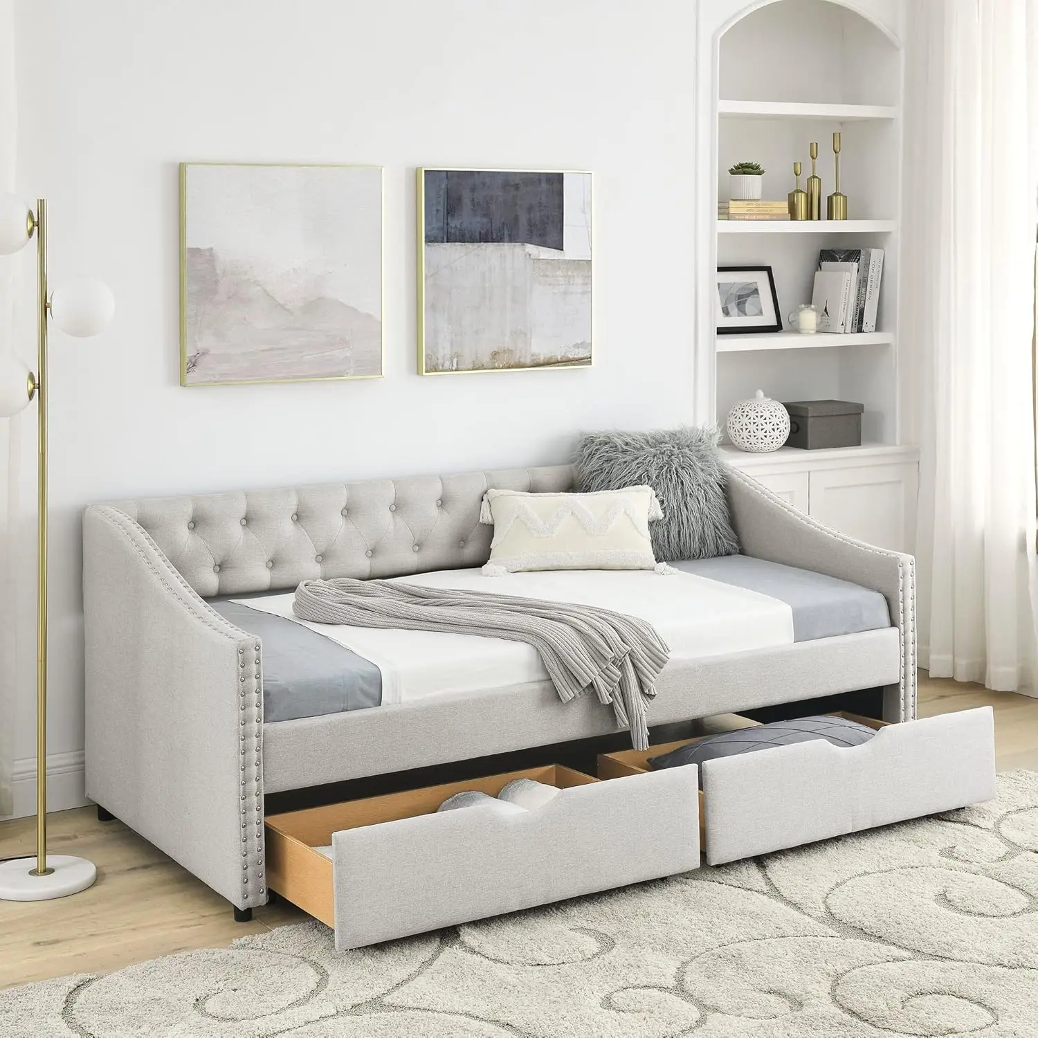 

Twin Size Daybed with 2 Storage Drawers,Linen Upholstered Sofa Bed W/Button on Back & Copper Nail on Waved Shape Armrests