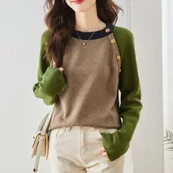Autumn Winter Solid Color Round Neck Long Sleeve Fashion Sweater Women High Street Contrast Color Pullovers Elegant Button Tops