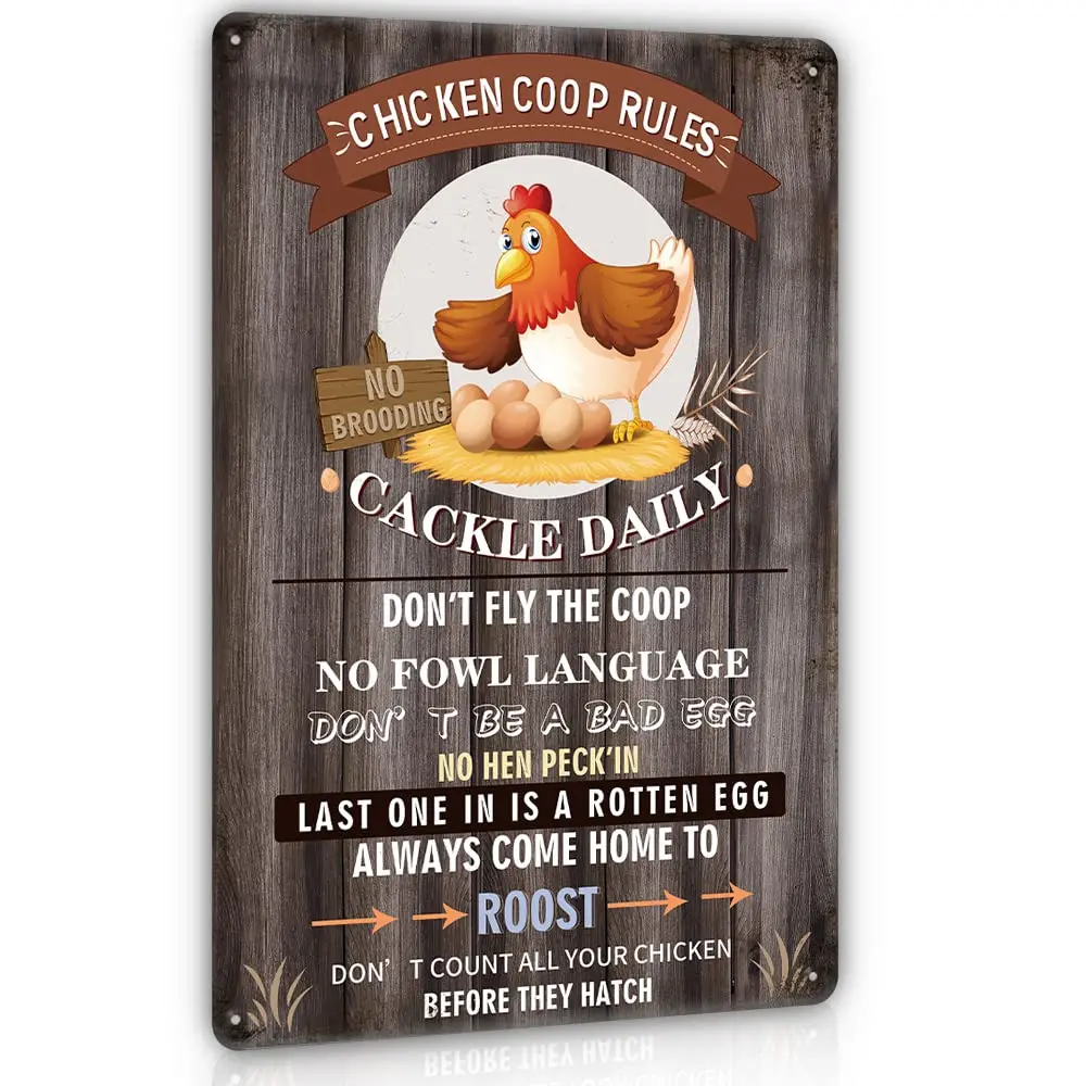 Funny Chicken Coop Rules Sign, Retro Vintage Rustic Notice Plaque Chicken Signs, Chicken Coop Decor Sign for Funny Outdoor Farmh