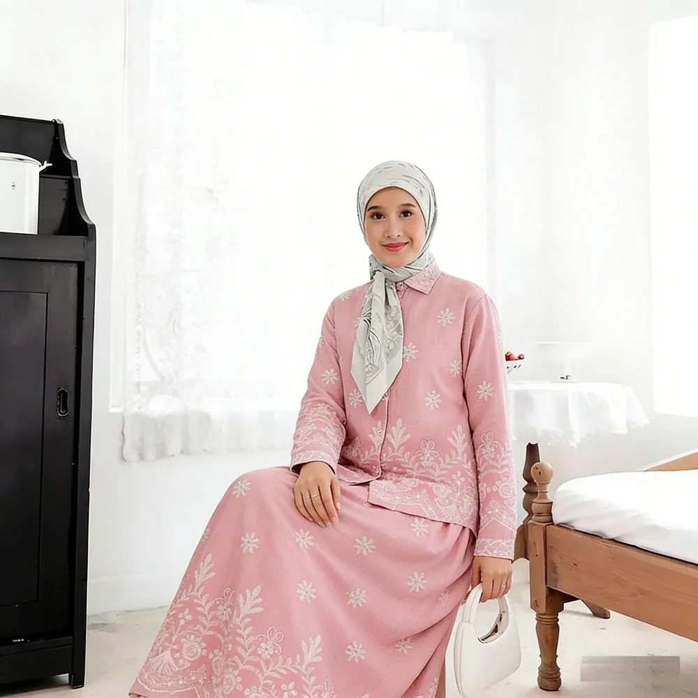 

Мусульманский женский комплект из двух предметов, рубашка с вышивкой, распашная юбка, костюм, Дубай, Абая, Ид, исламская одежда, наряды, скромные женские ансамбли