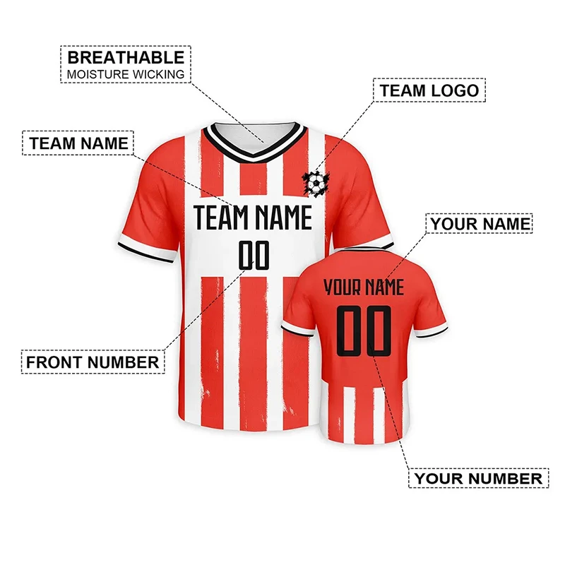 Fashion Personality Name Team Name Numbers T-shirt Football Jersey Summer Sports Tees Loose Quick Dry Stripe Short Sleeve Tops