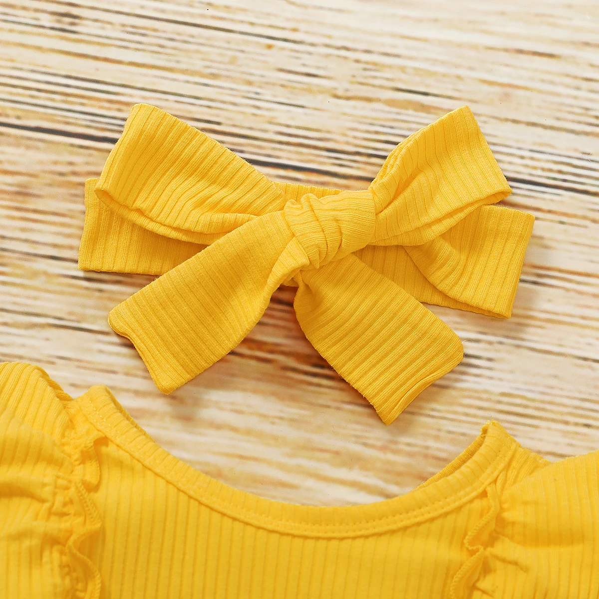 Infant Baby s Casual 3 Pcs Suit Ribbing Round Neck Long Sleeve Falbala Romper Sunflower Loose Trousers Bow Headband