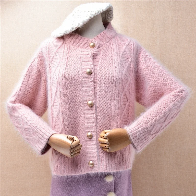 Women Mujer Autumn Winter Clothing Pink Thick Warm Jacquard Angora Rabbit Hair Knitted Long Sleeves Loose Cardigans Sweater Coat