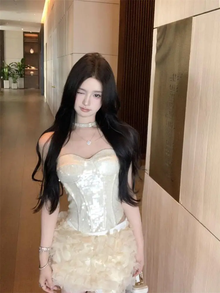 

Французские летние женские бежевые розовые блестки сексуальные элегантные топы без бретелек с открытыми плечами и плиссированная короткая юбка с высокой талией комплекты из двух предметов