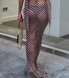 DSMTRC Y2k Coquette Maxi Skirt Women Sexy See Through Stripe Sheer Skirt Mesh Cover-up Long Skirts Fairy Aesthetic Streetwear
