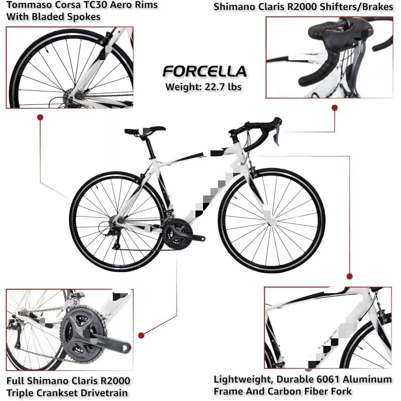 AQTommaso Forcella Endurance Aluminum Road Bike.Carbon Fork.Claris R2000.24 Speeds.Aero Wheels. Black.Matte White