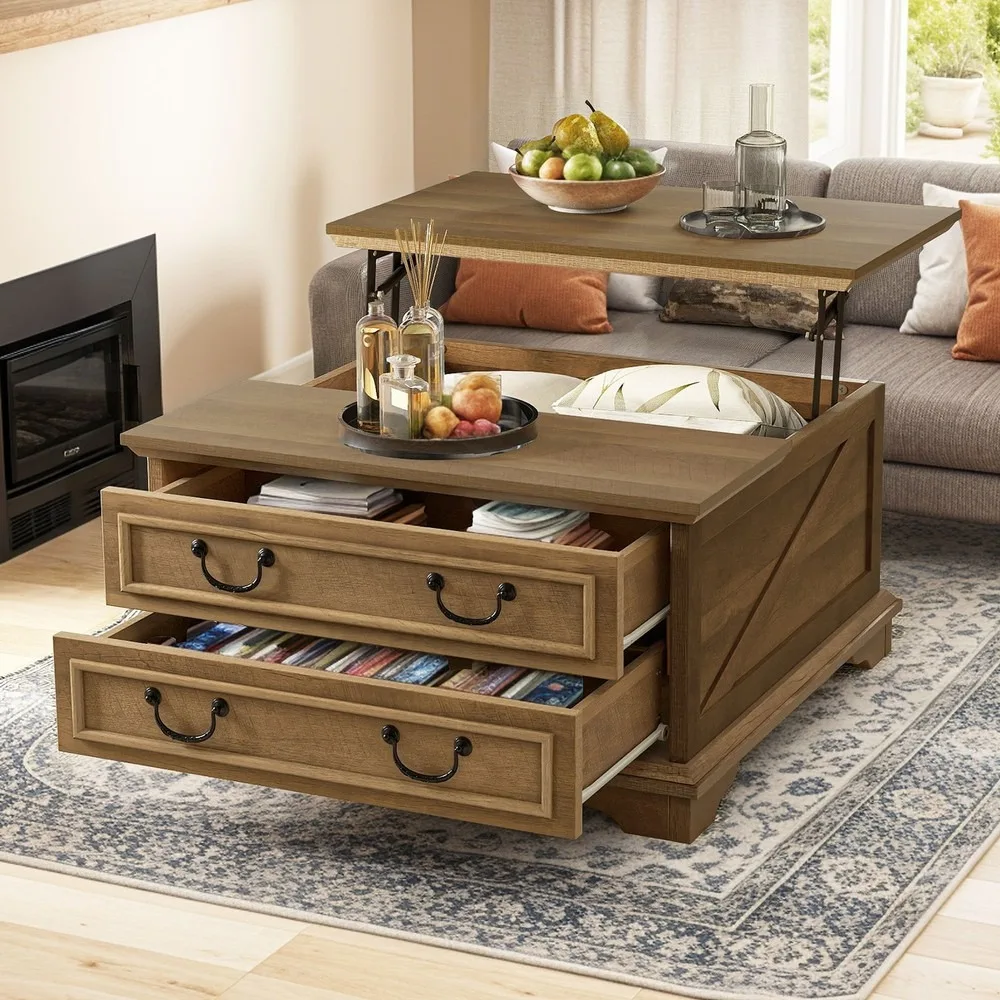 Grande table basse élévatrice carrée Farmhouse avec compartiment caché pour salon