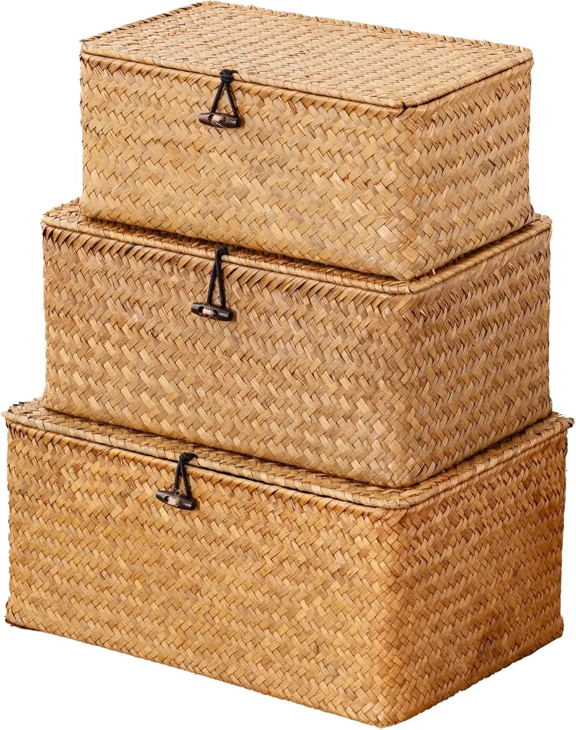 

Set of 3 Natural Seagrass Lidded Storage Baskets for Home Organization and Boho Decor