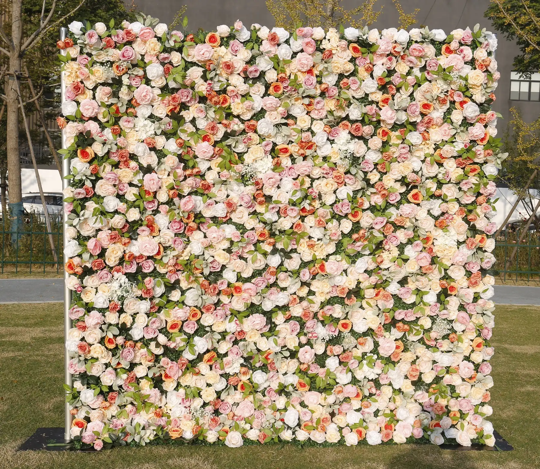 

Orange powder Rose Babysbreath Rolling Up 3D Cloth Curtain Flower Wall Wedding Backdrop Milan Turf Plant flower wall backdrop