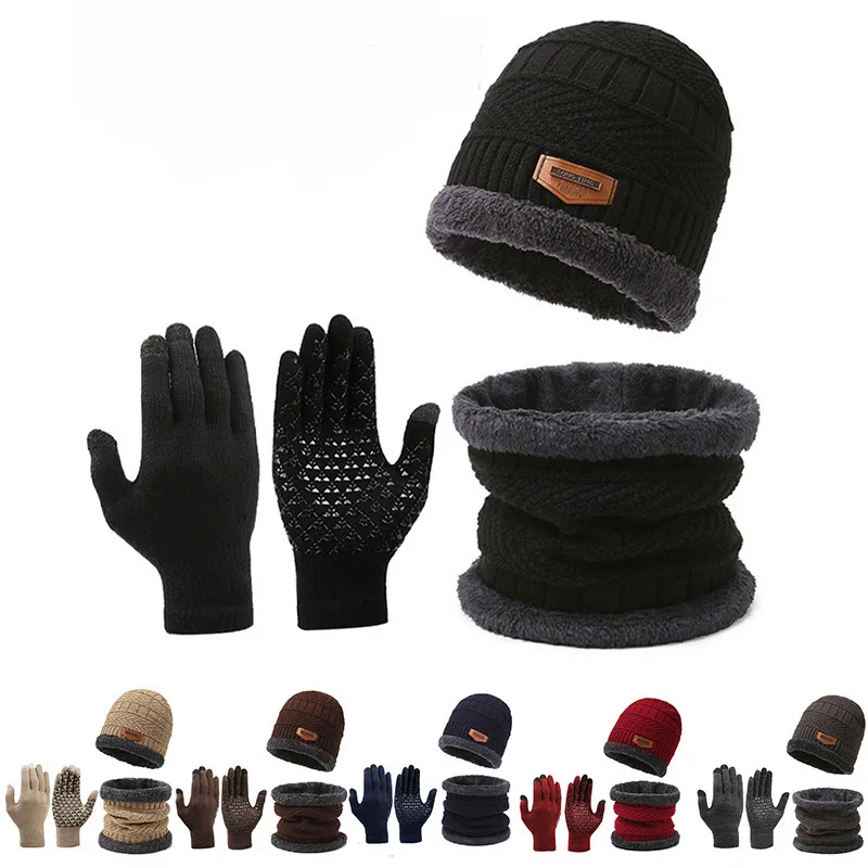 Ensemble trois pièces en laine chaude coupe-vent pour hommes, bonnet, bonnet, écharpe, gants, W218, hiver