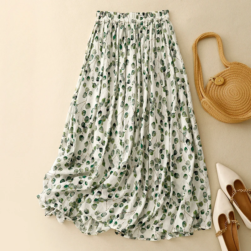 Vintage Women Skirts 2024 New Spring/summer Cotton Linen A-LINE Korean Clothing Sales Empire Loose Printed Chinese Style Skirt