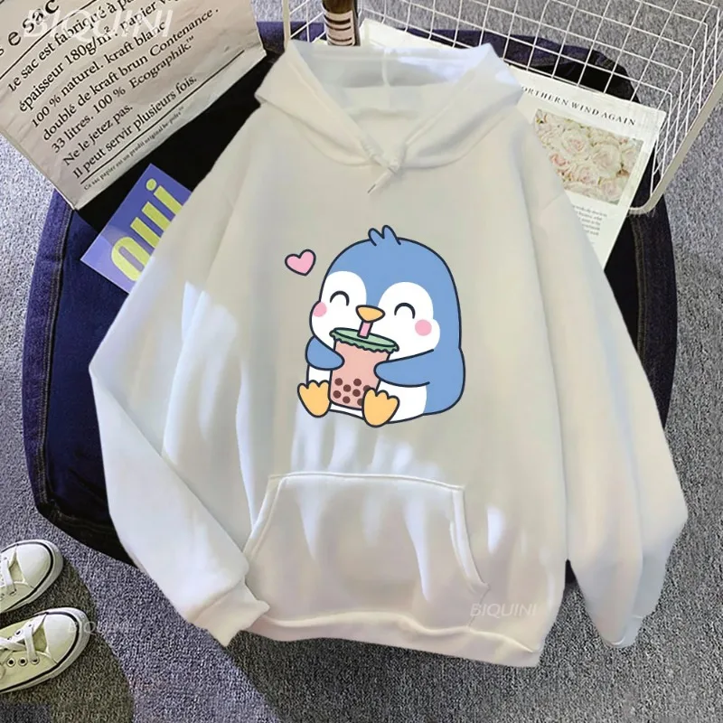 Bubble Boba Milk Tea Casual Cartoon Hoodie Penguin Pattern Sweatshirt Clothes Kawaii Anime Harajuku Plus Size Retro Hoodie