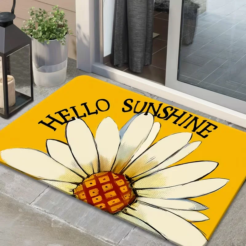Bright Yellow Daisy Hello Sunshine Doormat Warm Sunflower Text Design Non Slip Front Door Mat For Porch Entryway Home Decor