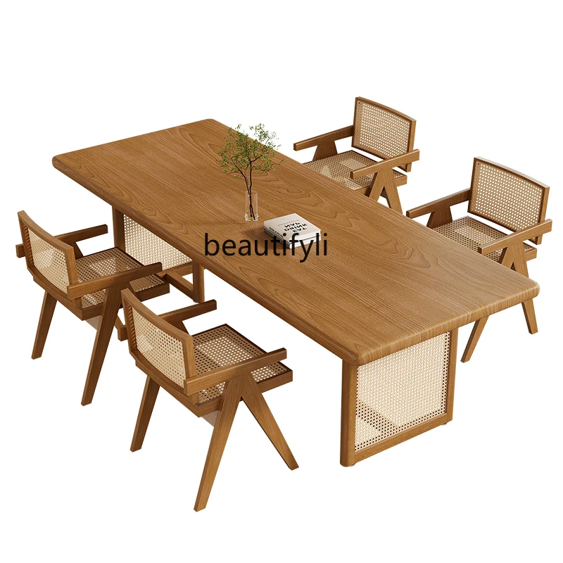 Solid Wood Rattan Table and Chair Combination B & B Restaurant Log Dining Table Sweet Tea Making Table Conference