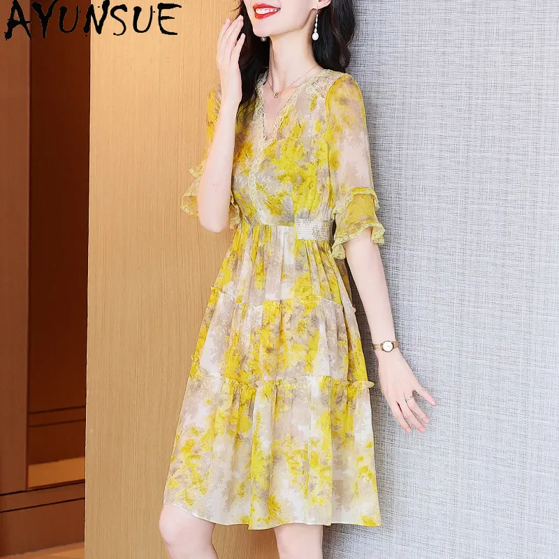 AYUNSUE 100% Natural Mulberry Silk Dress for Women Clothing 2026 Summer Dress Printed Elegant Womens Dresses Платье Женское