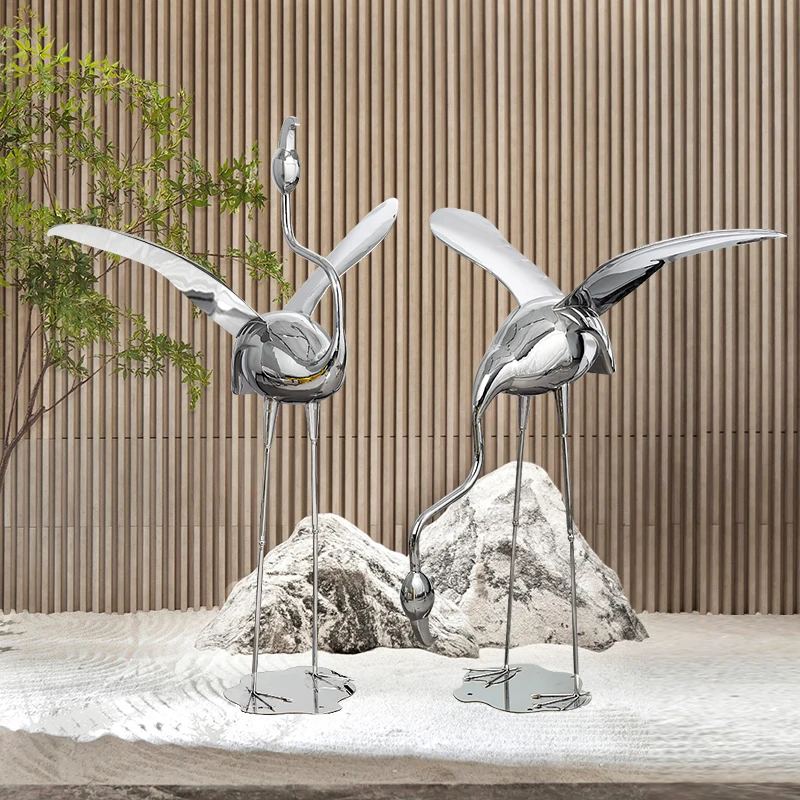 Modern creative abstract crane sculpture. Garden landscape pool garden decorative art.