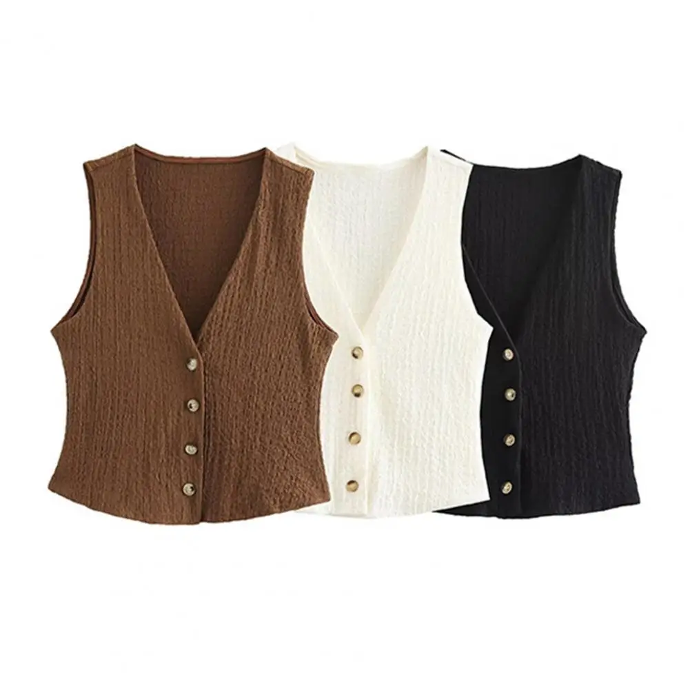 Vest Top for Women Vintage Tank Crop Top V Neck Button Down Waistcoat Retro Casual Sleeveless Cardigan
