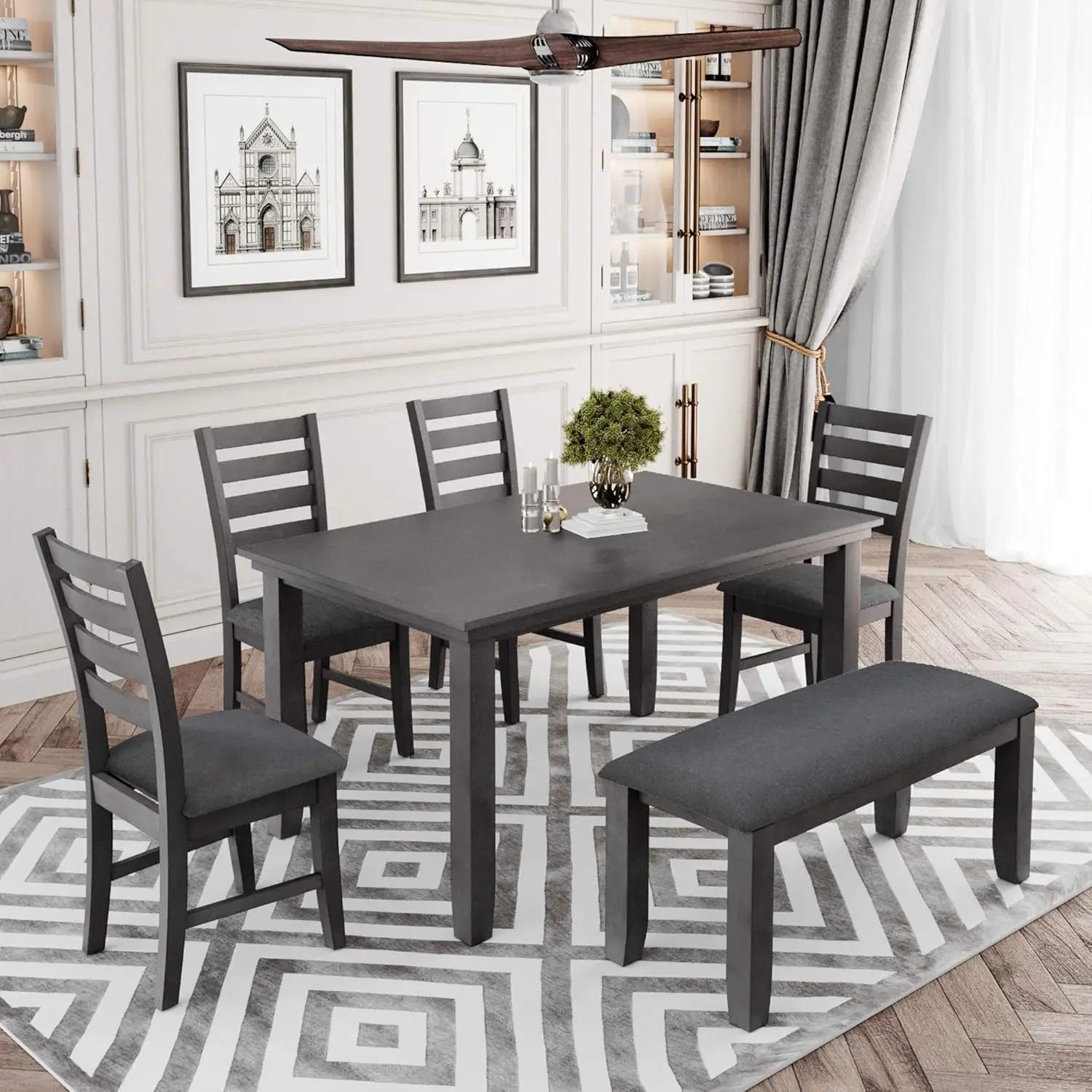 6 Piece Wooden Dining Table Set with Bench and 4 Dining Chairs, Kitchen Table Set Family Furniture for 6 People (Dark Grey)