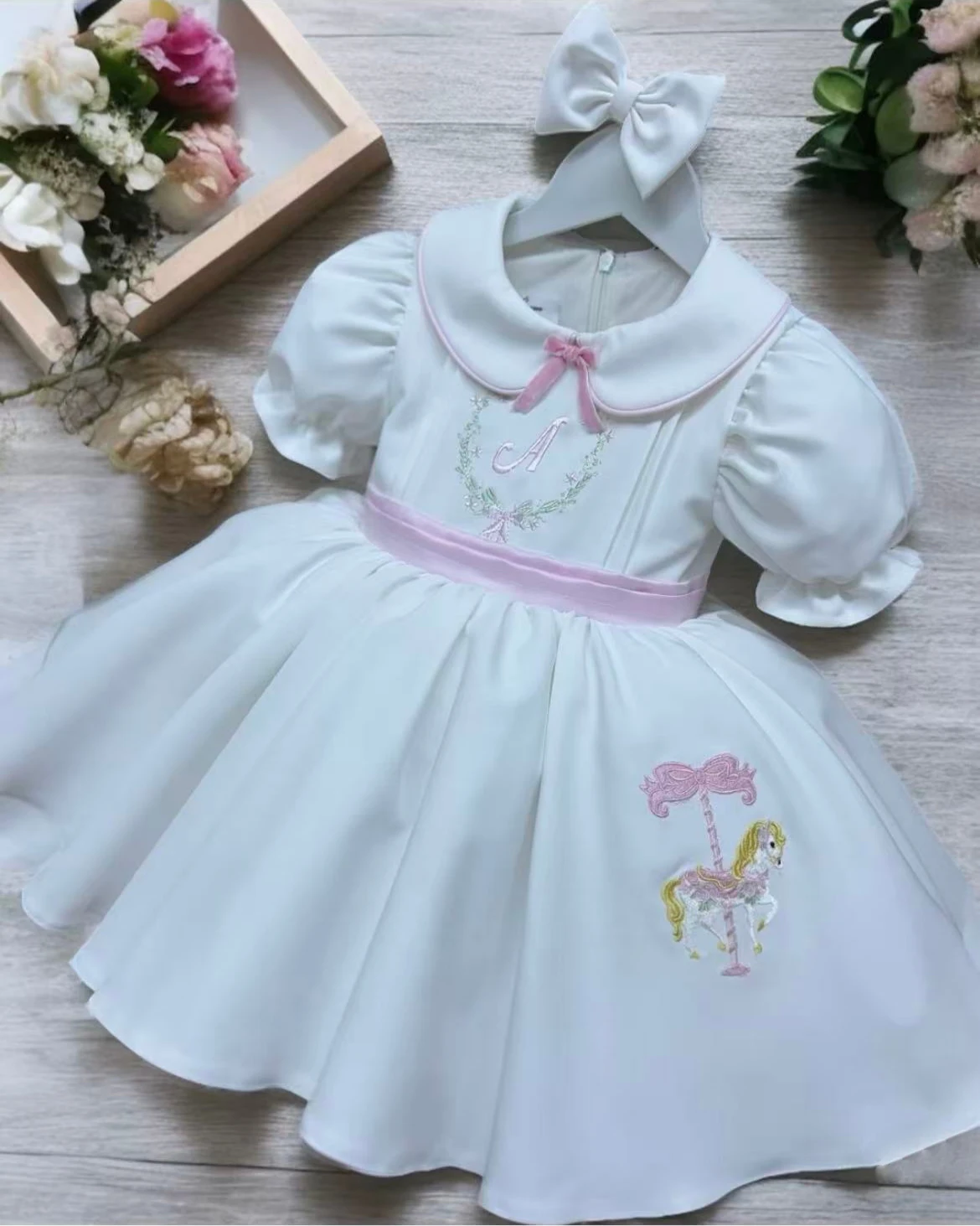 0-12Y Baby Girl Summer White Merry-go-round Embroidery Vintage Princess Dress for Birthday Photography Holiday Eid B461