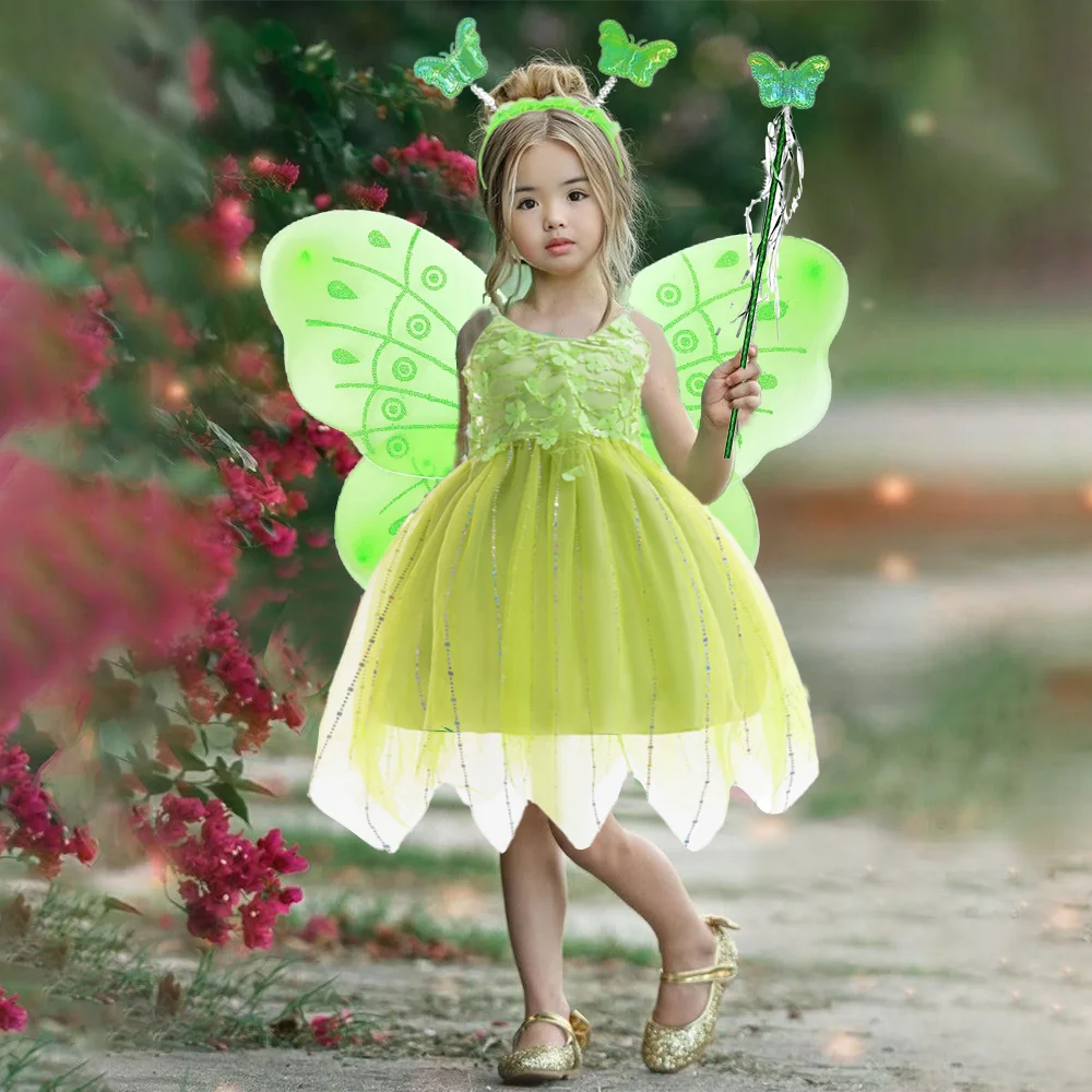 Girls 4pcs Sets Fairy Wizard Green Floral Party Dress Kids Elf Lace Princess Gown Girl Fluffy Evening Costume Beauty Fashion Wea