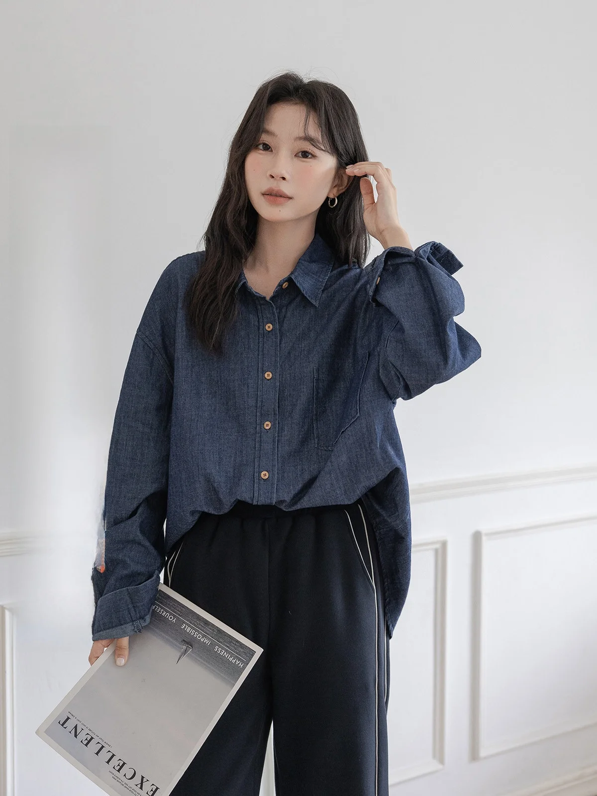 

Retro Waed Loose Long Sve Collar Denim irt Women's Autumn Winter New Sle HUIXI Sketch Series Breathable Comfort...