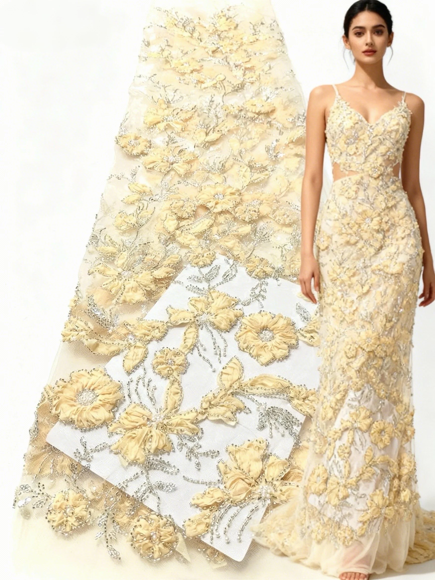 

African 3D Flower Beads Lace Fabric 2025 High Quality French Nigerian Sequins Embroidery Tulle Fabric For Wedding Dress Sewing