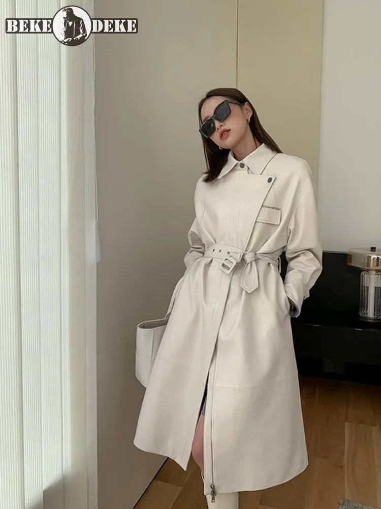 

Punk High Street Women Genuine Leather Sheepskin Trench Coat Sashes Office Ladies Solid Color Zipper Office Ladies Long Overcoat