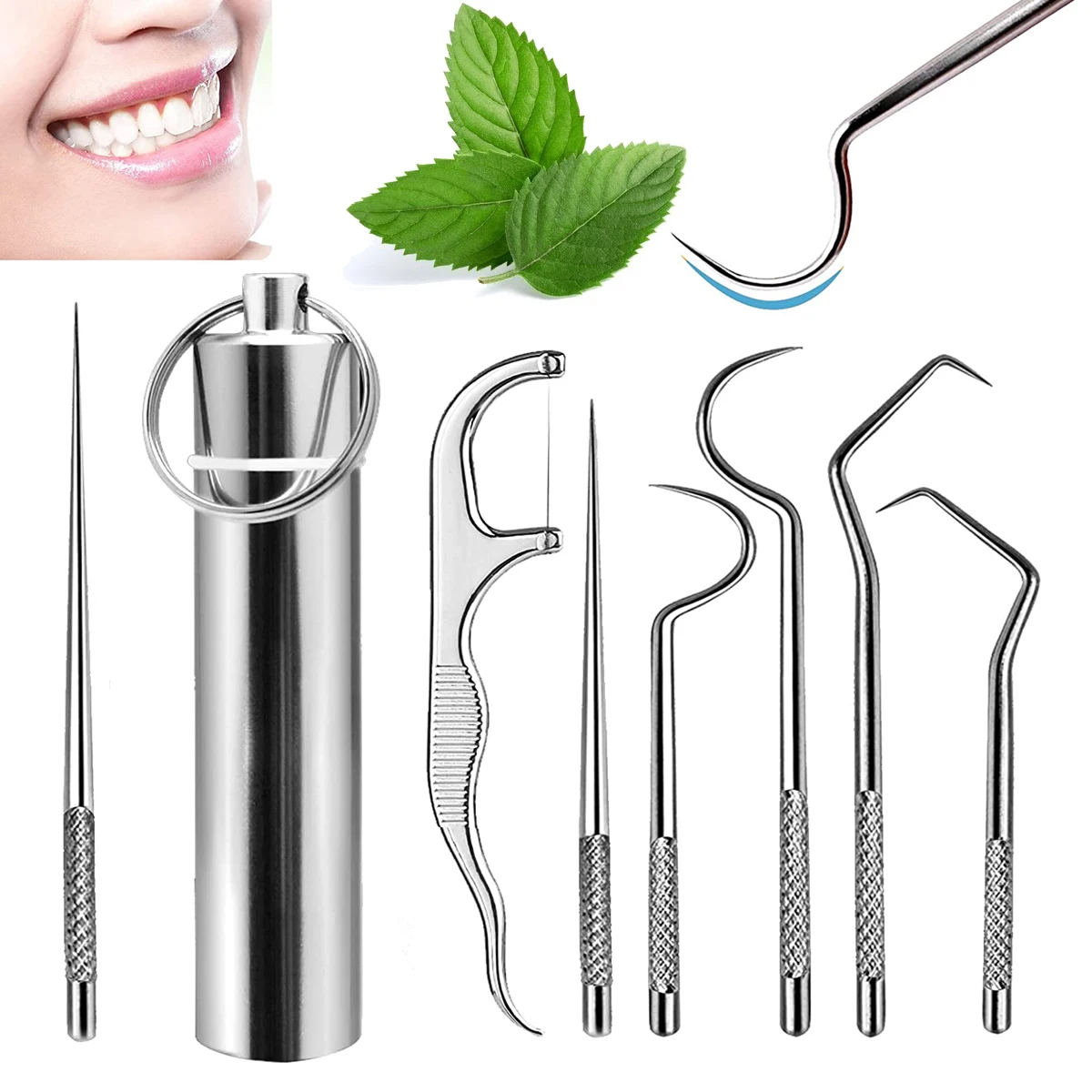 1Set 7pcs Stainless Steel Toothpick Set Reusable Toothpicks Tooth Flossing Tartar Removal Tool Portable Teeth Oral Cleaning Tool