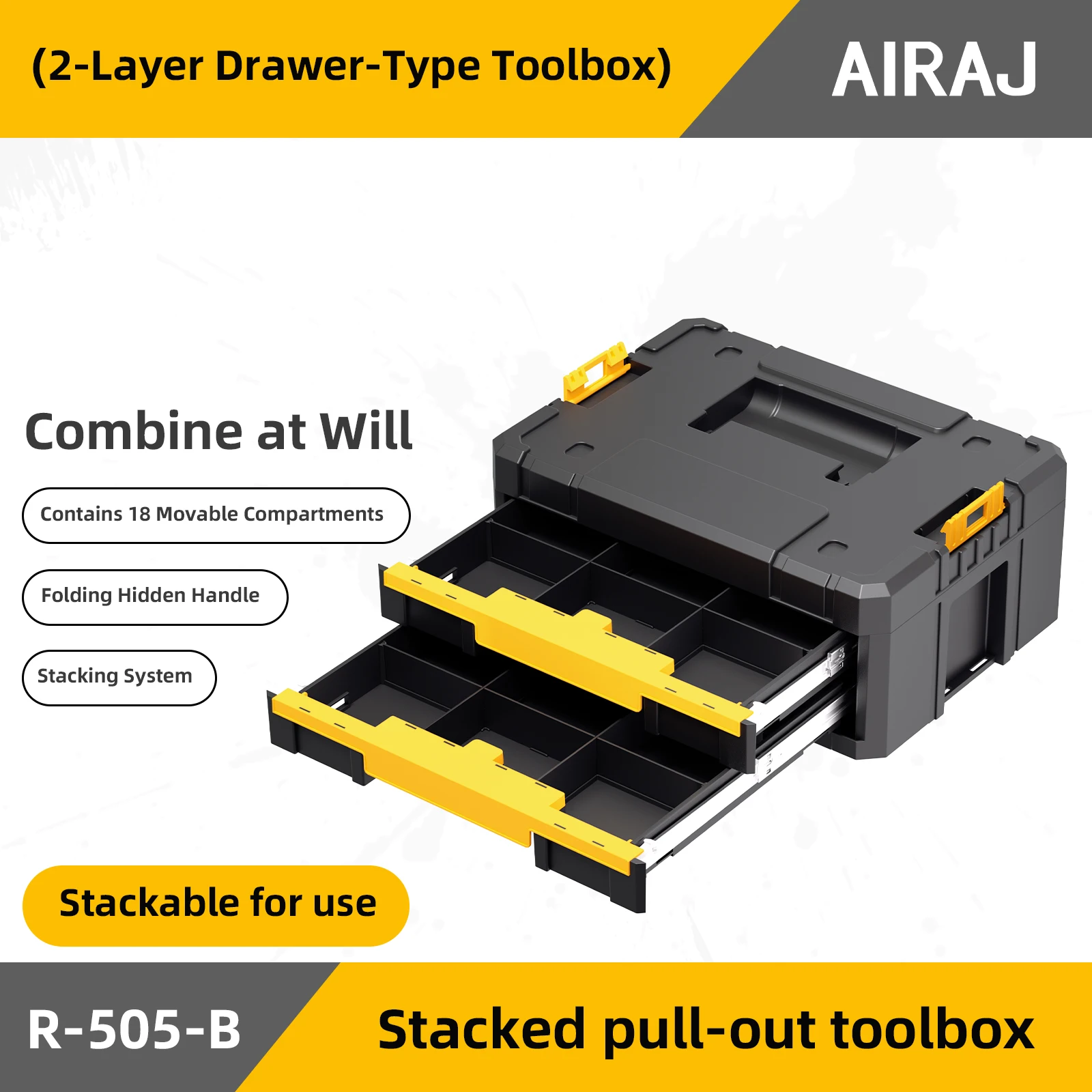 

AIRAJ Two Layer Drawer Style Compartmentalized Tool Storage Box With Large Capacity No Space Occupation Featuring Handle On Box.