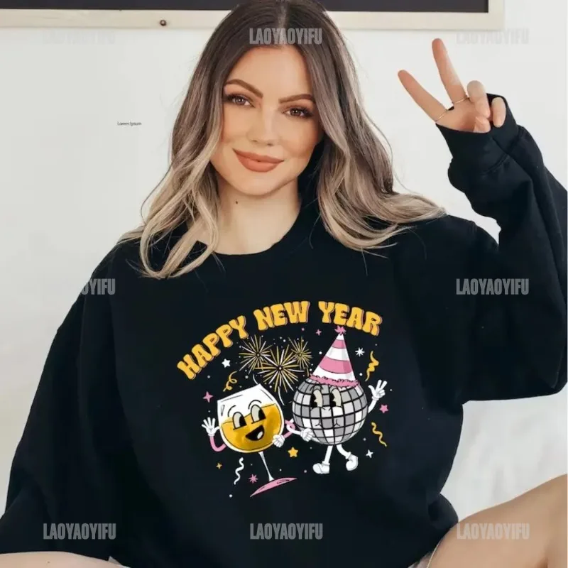 2024 Gelukkig Nieuwjaar Sweatshirt Mode Lange Mouw Hoodie Kerst Hiphop Ronde Hals Trui Dames Streetwear